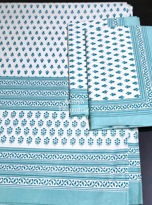 Turquoise Blue Butti Cotton King Size Bedsheet