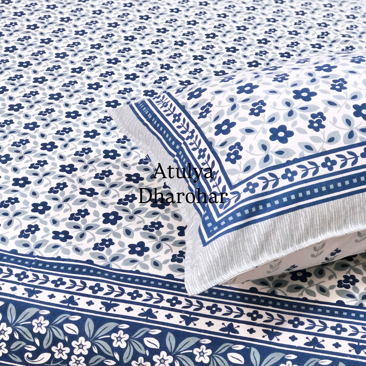 Blue Floral Jaal Cotton King Size Bedsheet