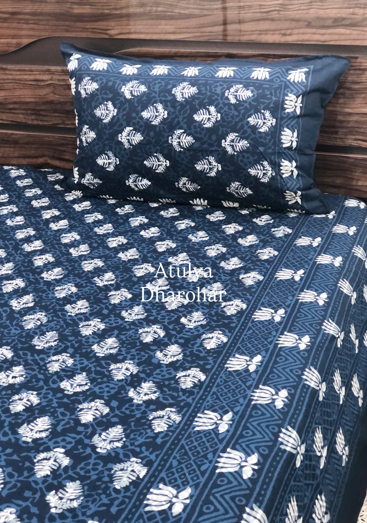 Indigo Lotus Motifs Cotton Super King Bedsheet