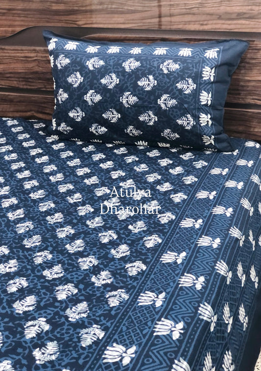 Indigo Lotus Motifs Cotton Super King Bedsheet