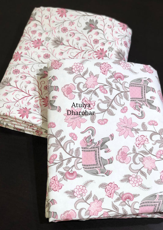 Pink and Grey Elephant Floral Jaal Cambric Cotton Single Dohar Pair