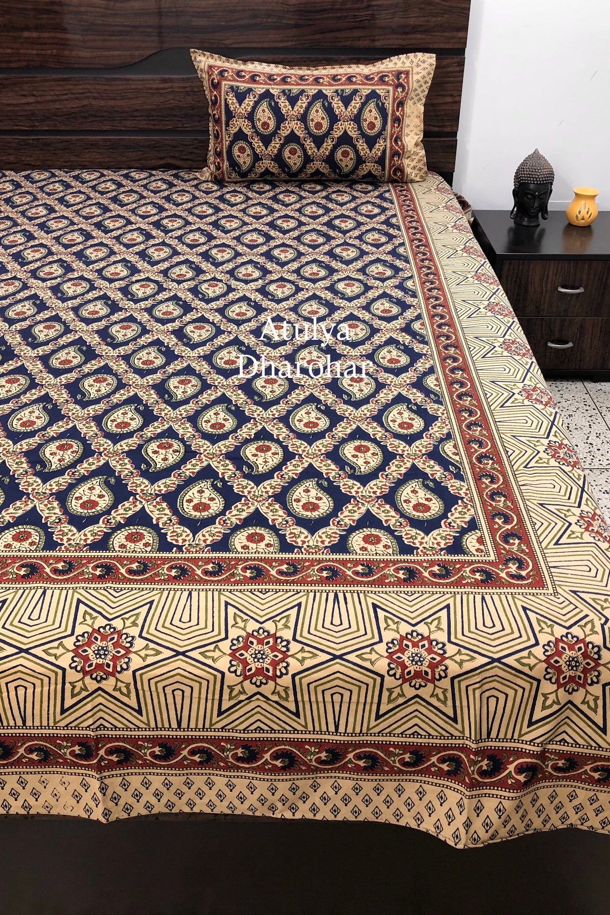 Indigo and Maroon Cotton Kalamkari Super King Bedsheet