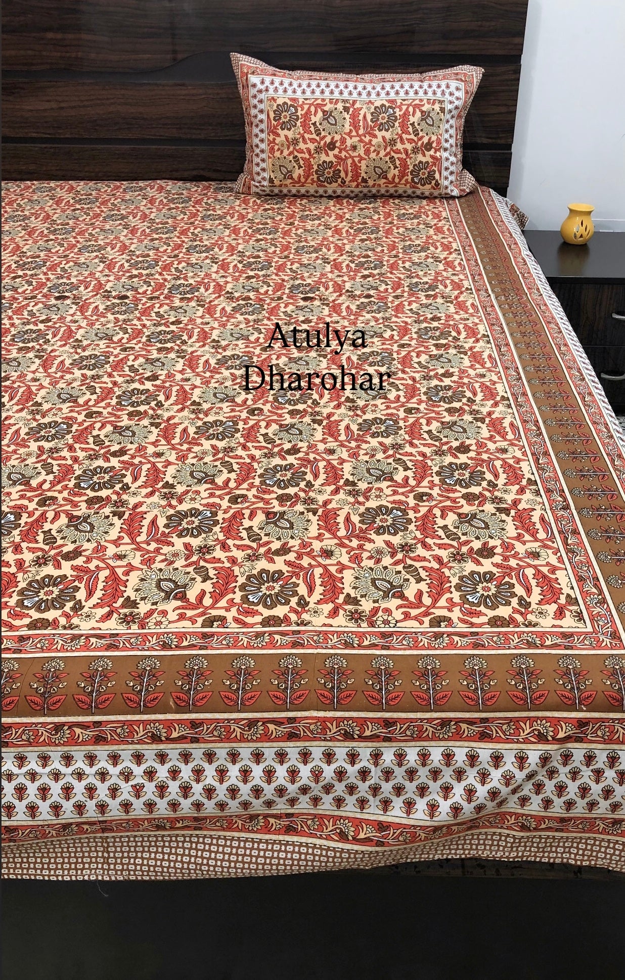 Rust and Green Floral Jaal Cotton King Size Bedsheet