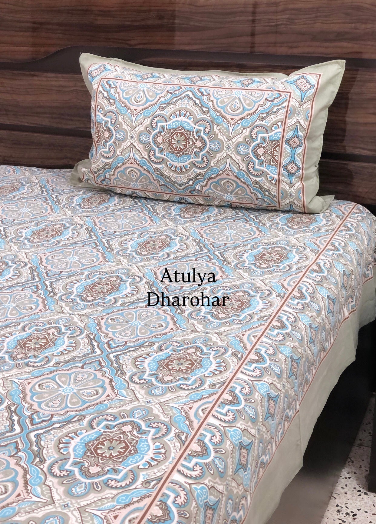 Grey and Blue Ikat Cotton King Size Bedsheet