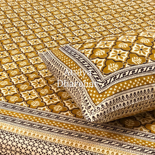 Mustard Green Kalamkari King Size Bedsheet