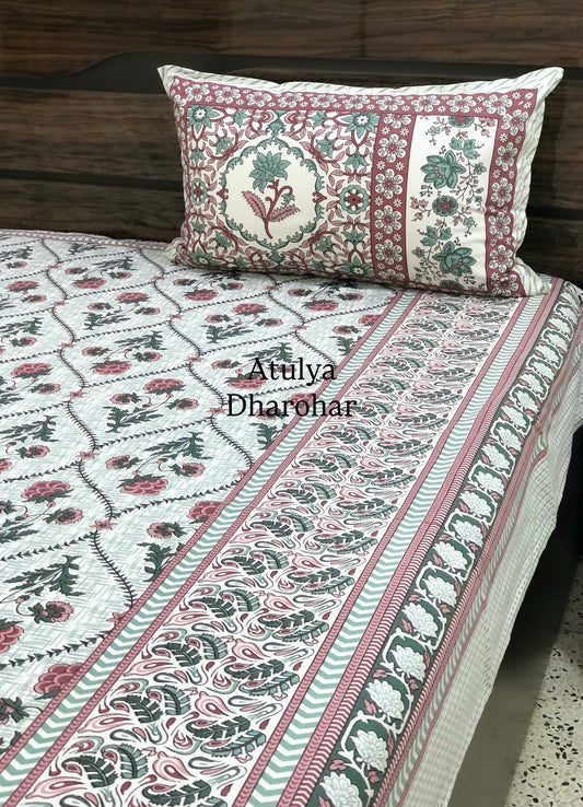Pink Floral Mughal Jaal Cotton Super King Bedsheet
