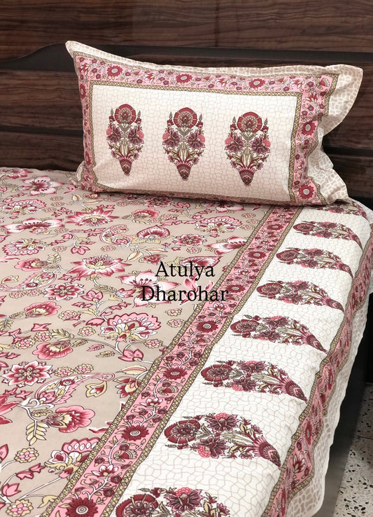 Grey and Pink Floral Jaal Cotton King Size Bedsheet