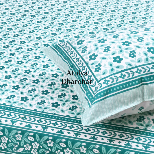 Turquoise Floral Jaal Cotton King Size Bedsheet