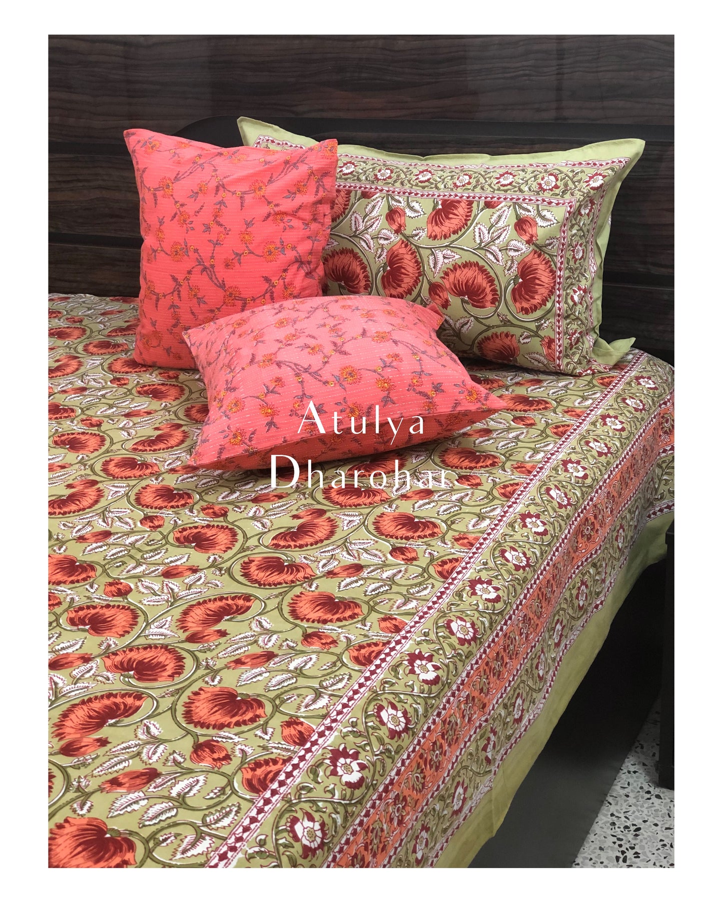 Green and Orange Lotus Motifs Bedsheet