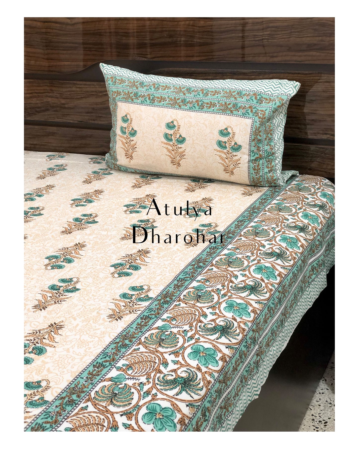 Turquoise Green Mughal Motifs Bedsheet