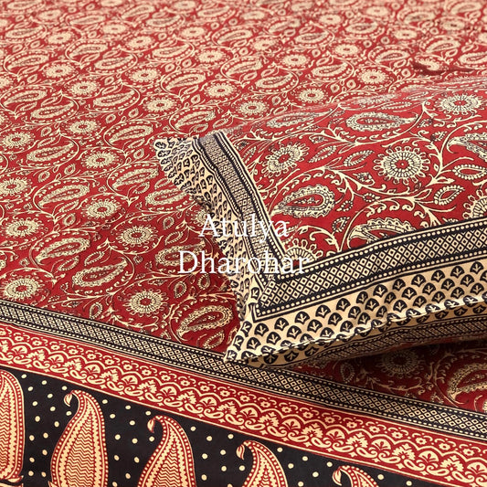 Maroon and Black Cotton Kalamkari King Size Bedsheet