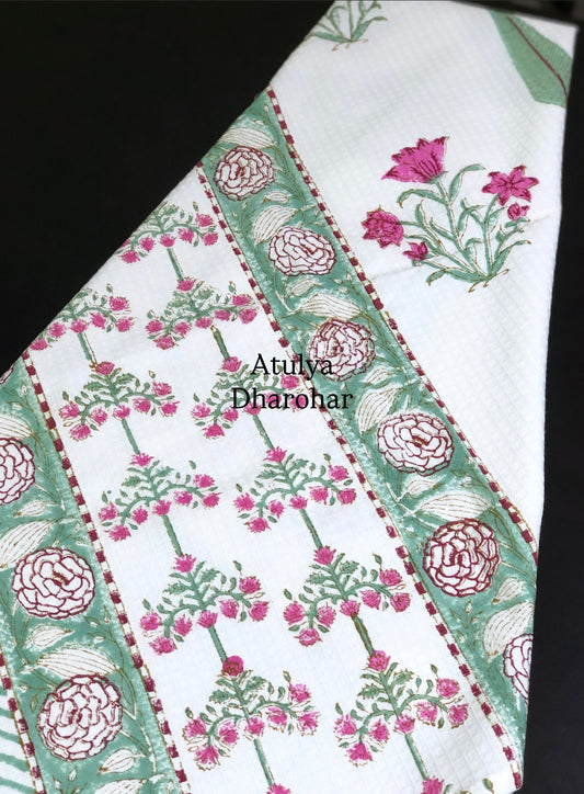 Green and Magenta Floral Motifs Hand Block Printed Waffle Cotton Towel