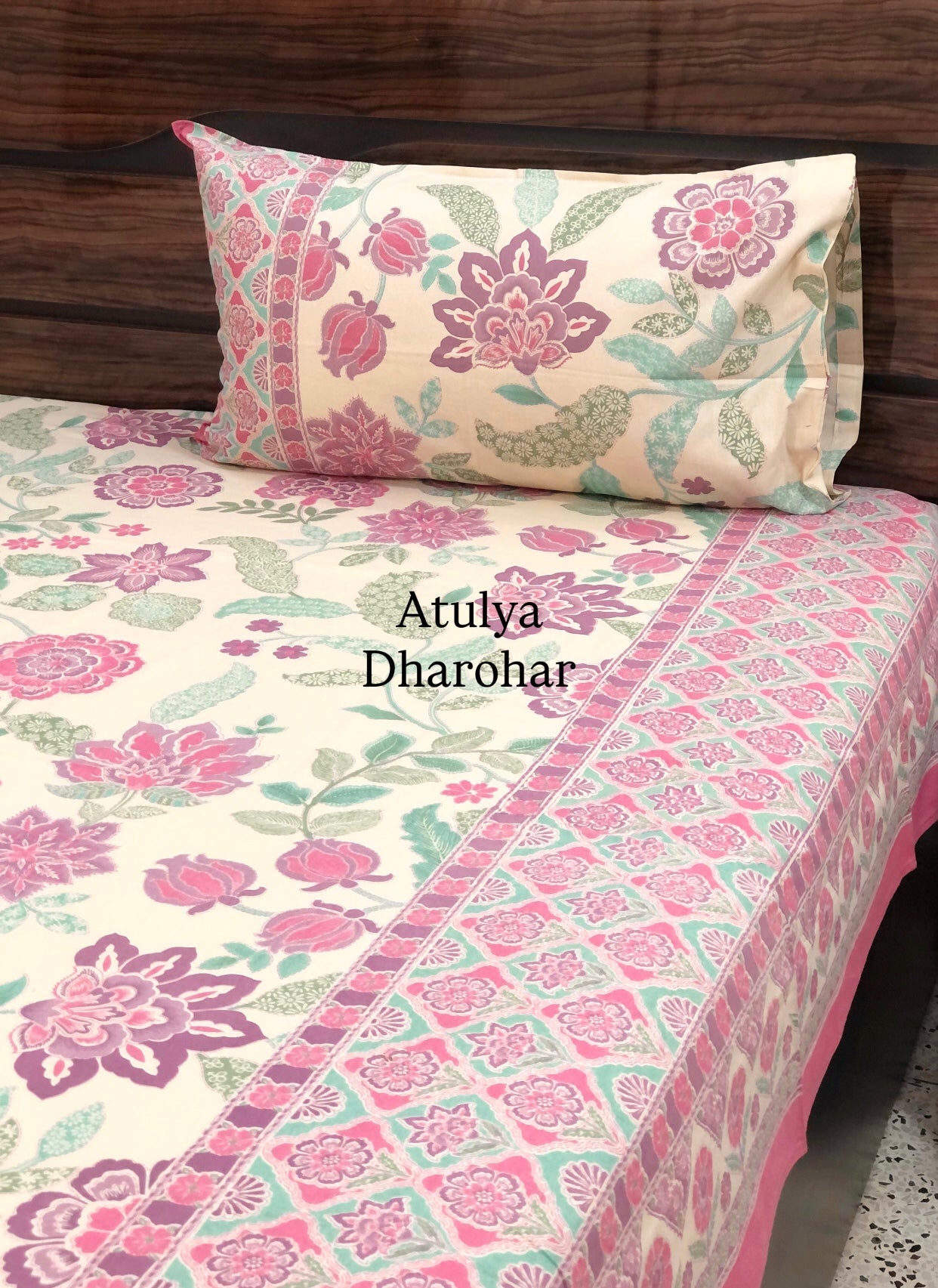 Purple Floral Cotton Super King Bedsheet