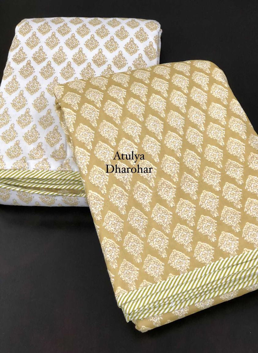 Mustard Butti Mulmul Single Dohar Pair with Super King Bedsheet Set