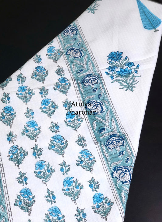Blue and Teal Floral Motifs Hand Block Printed Waffle Cotton Towel