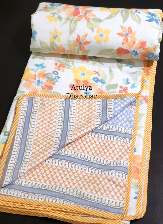 Orange Floral Jaal Mulmul Double Bed Dohar