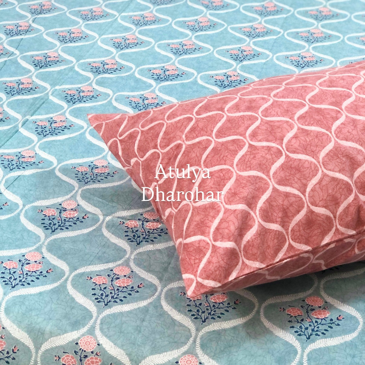 Turquoise Blue and Rust Mughal Jaal Super King Bedsheet