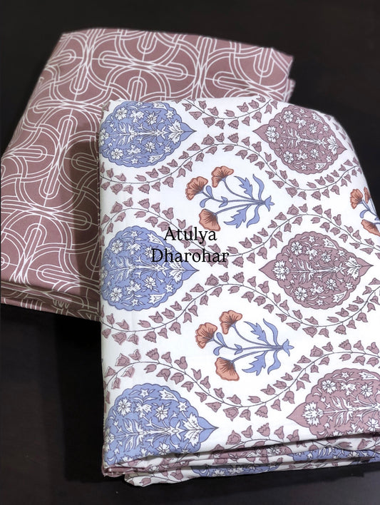 Brown and Blue Floral Mughal Jaal Cambric Cotton Single Dohar Pair