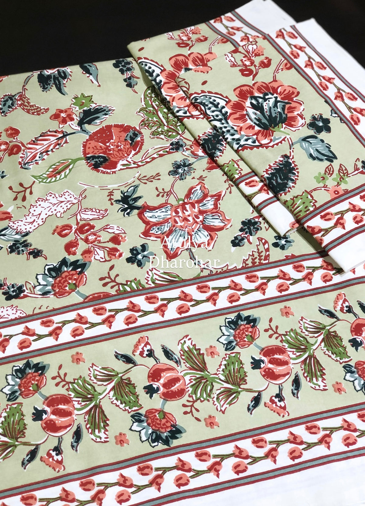 Green and Rust Floral Jaal Cotton Super King Bedsheet