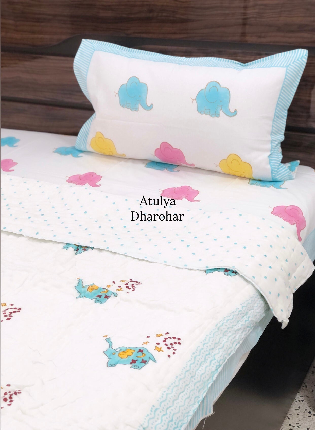 Elephant with Stars Baby Hand Block Printed Quilt