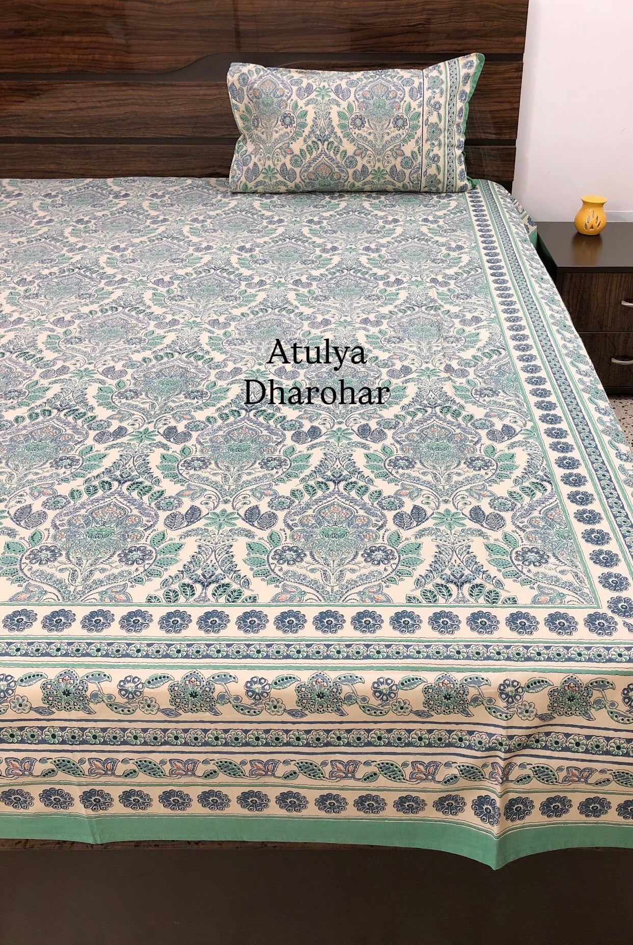 Blue and Green Mughal Jaal Cotton Super King Bedsheet