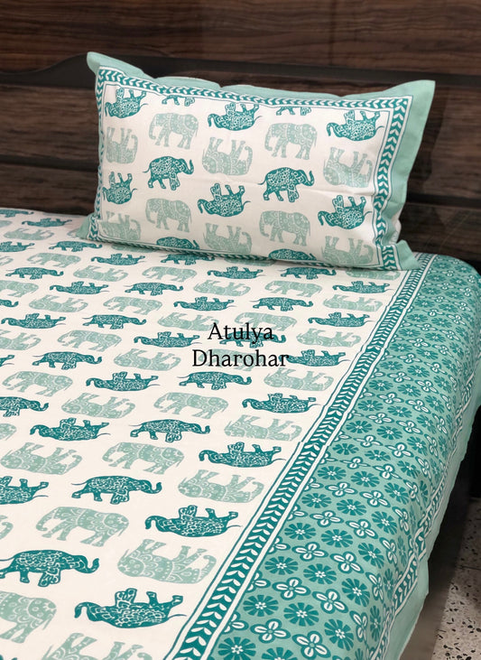 Turquoise Elephant Motifs Cotton King Size Bedsheet