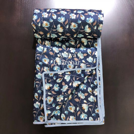 Blue Floral Mulmul Double Bed Dohar