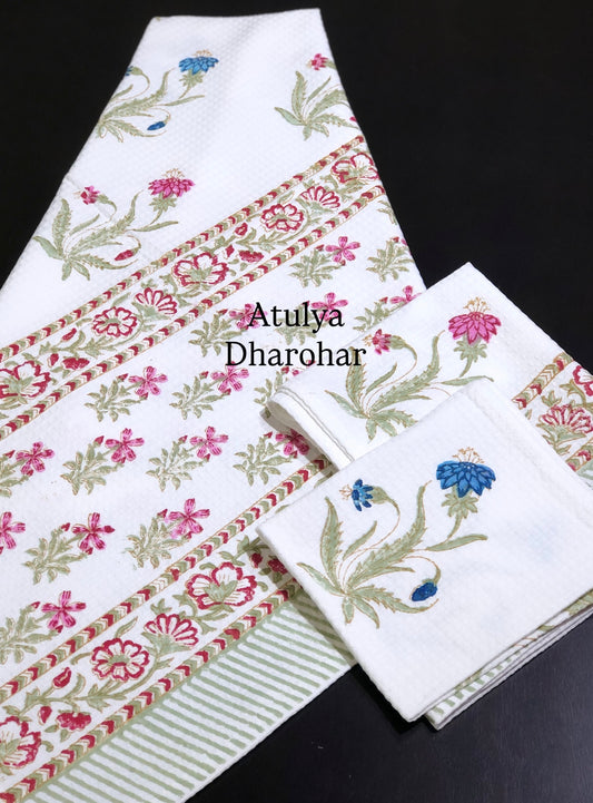 Pink and Blue Floral Motifs Hand Block Waffle Cotton Towel Set