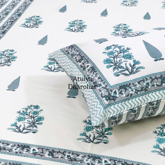 Teal and Grey Floral Motifs Cotton Single Bed Bedsheet
