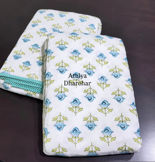 Turquoise Blue and Green Floral Mulmul Single Dohar Pair