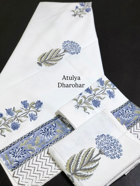 Blue and Green Floral Hand Block Waffle Cotton Towel Set