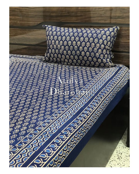 Indigo Butti Hand Block Printed Bedsheet