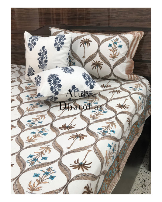 Brown and Blue Mughal Motifs Bedsheet