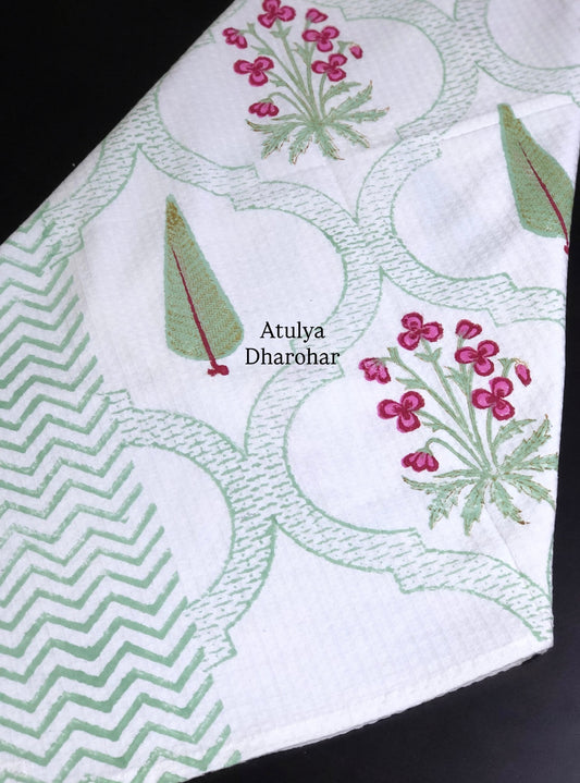 Pink and Green Mughal Jaal Hand Block Printed Waffle Cotton Towel