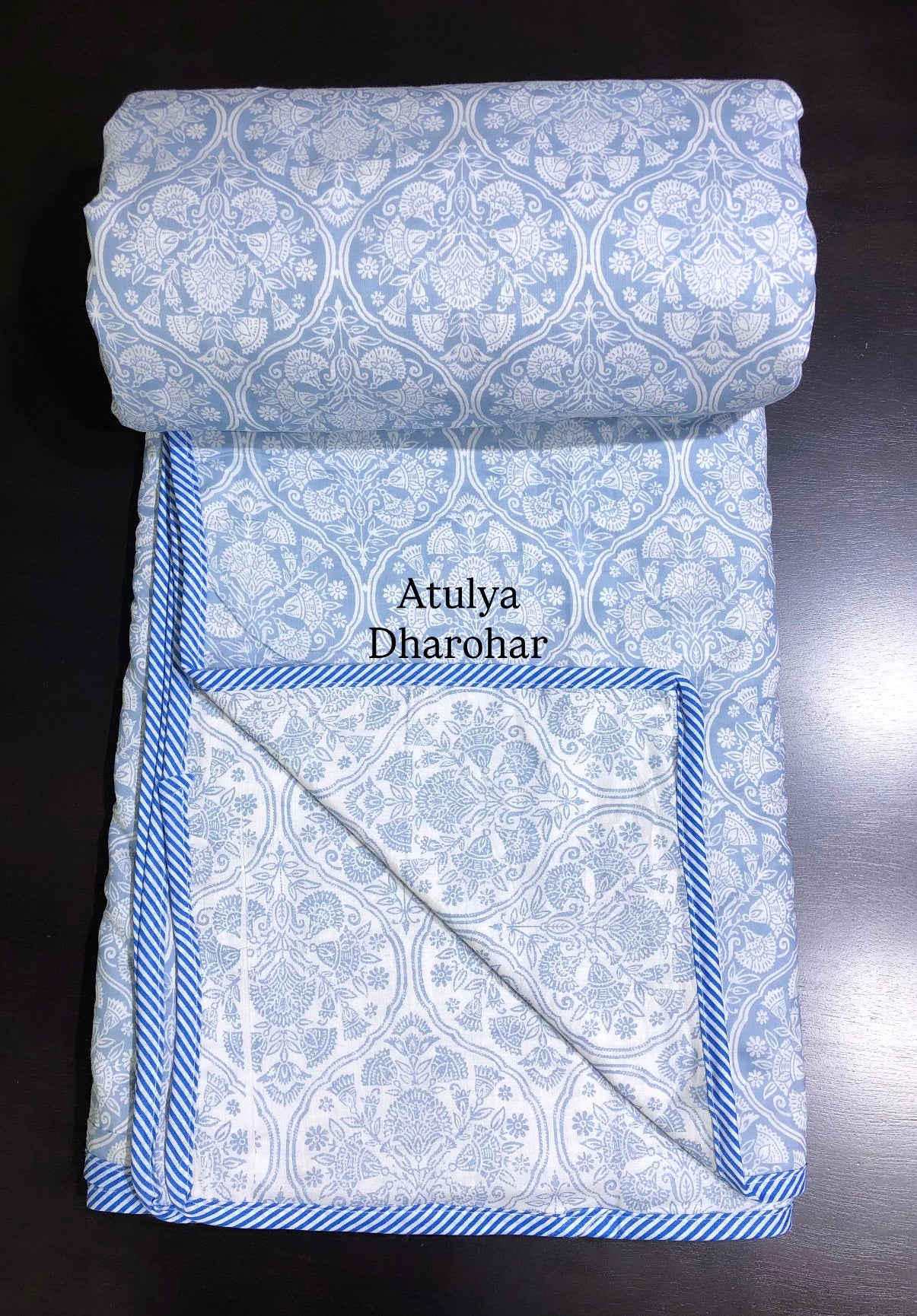 Blue Mughal Jaal Mulmul Double Bed Dohar