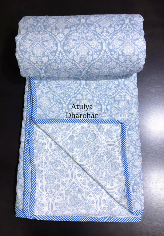 Blue Mughal Jaal Mulmul Double Bed Dohar