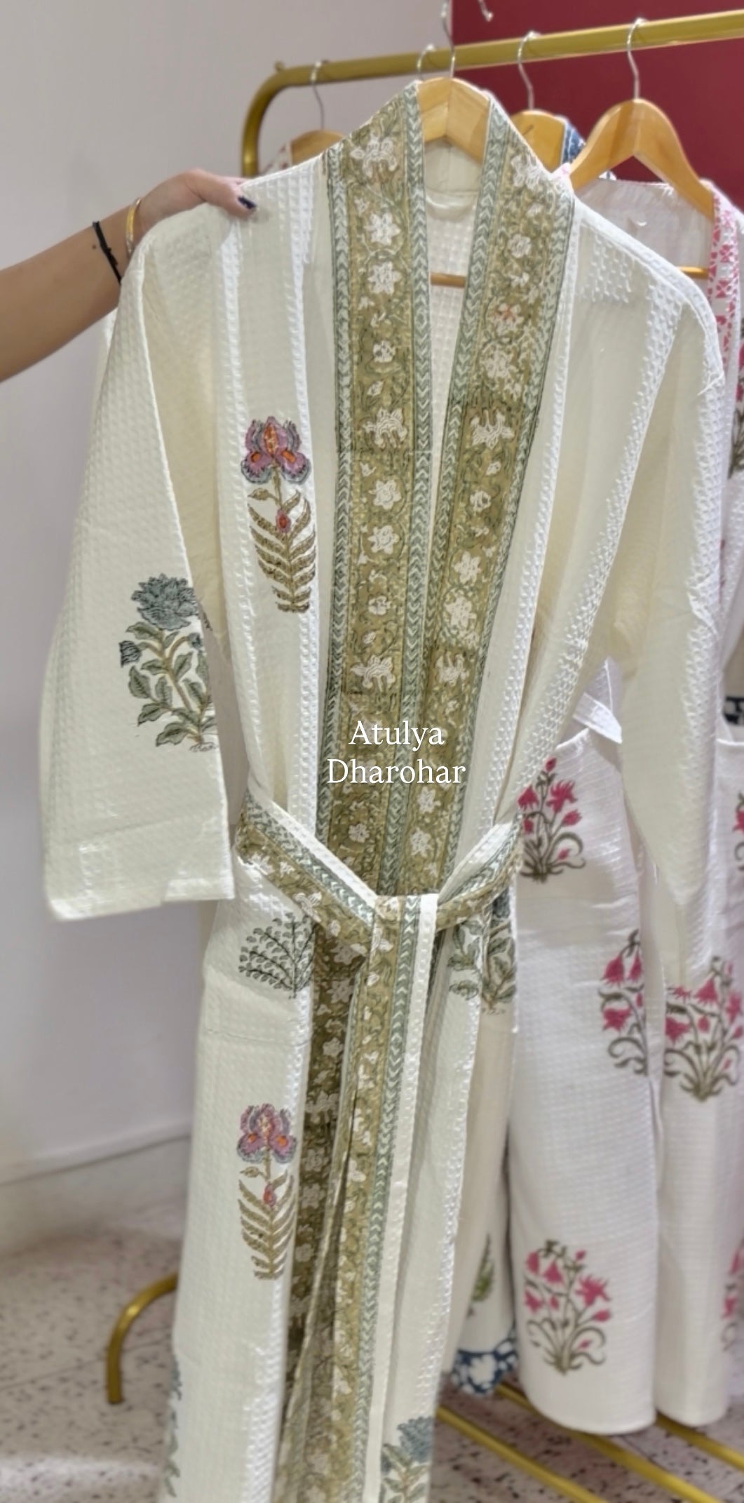Multicolour Floral Motifs Hand Block Printed Waffle Cotton Bathrobe
