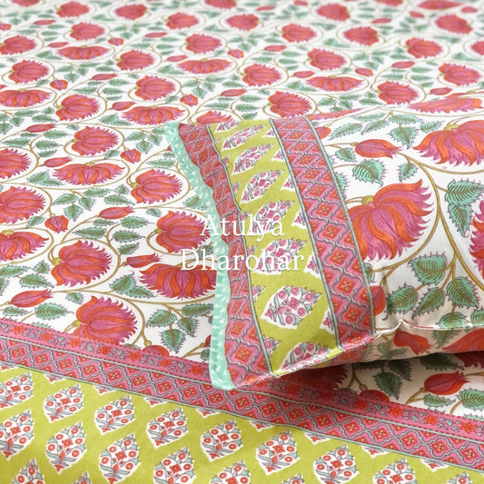 Pink and Green Lotus Jaal Cotton King Size Bedsheet