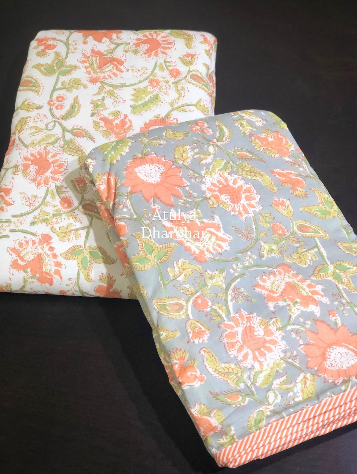 Grey and Orange Floral Jaal Mulmul Single Dohar Pair