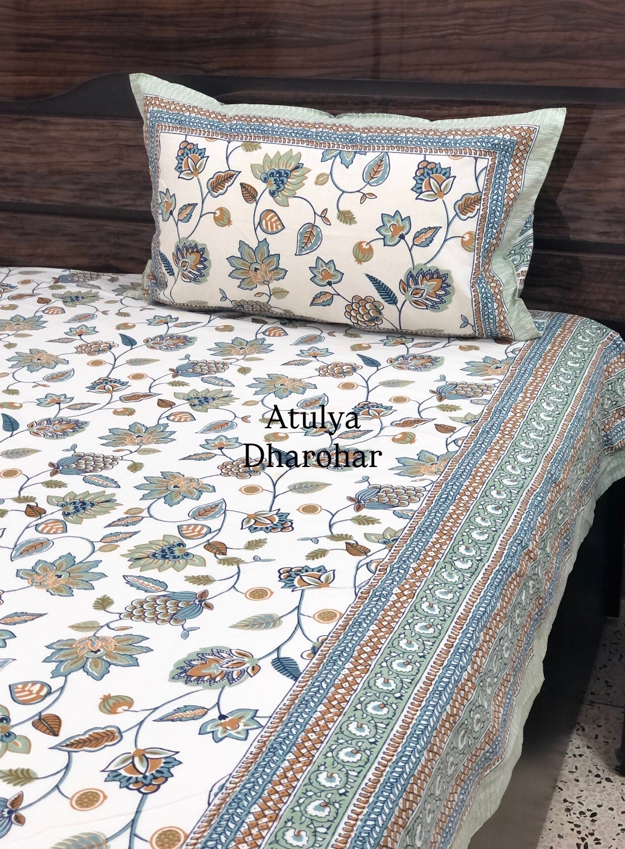 Blue Floral Jaal Cotton Super King Bedsheet