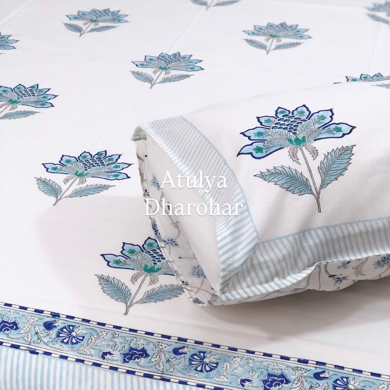 Blue Floral Motifs Hand Block Super King Bedsheet