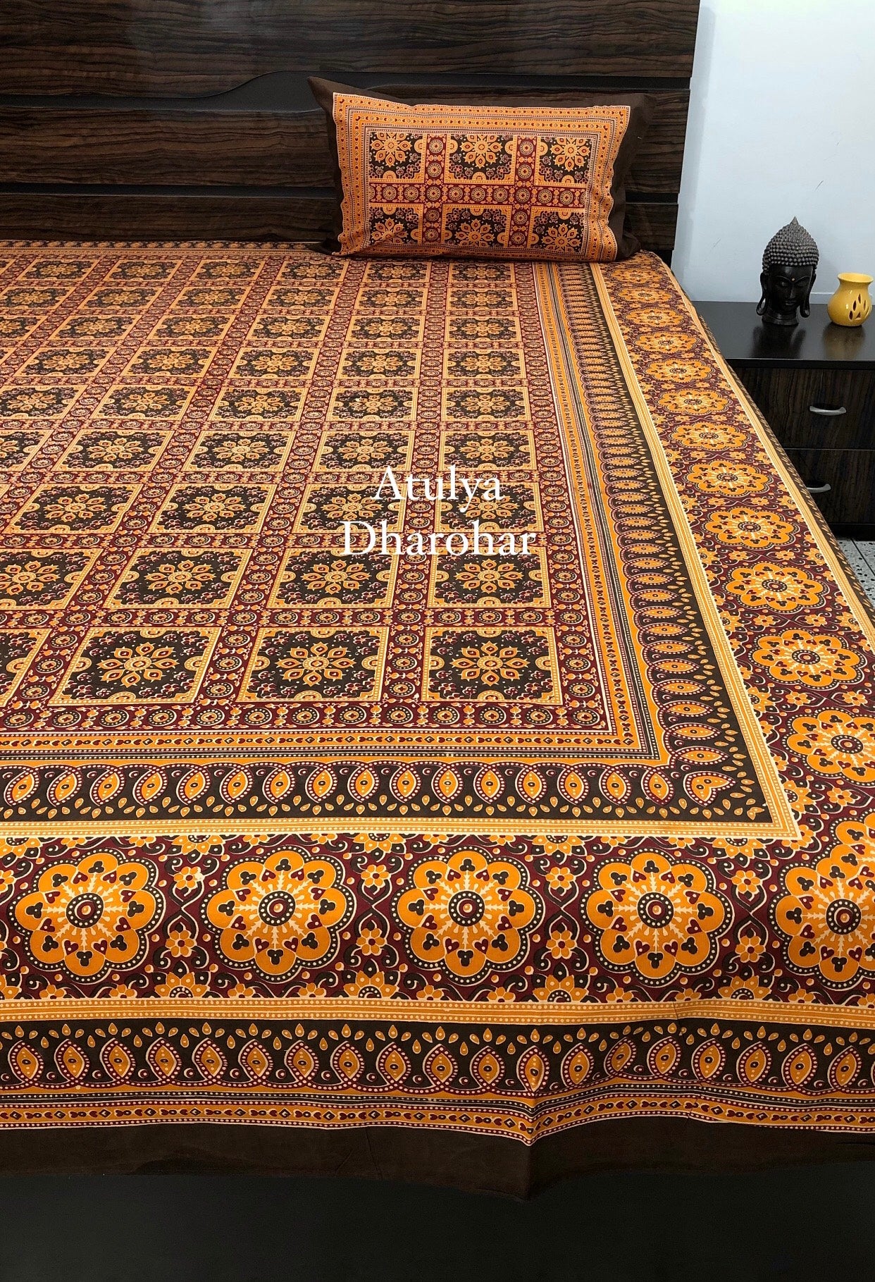 Brown Ajrakh Cotton Bedsheet