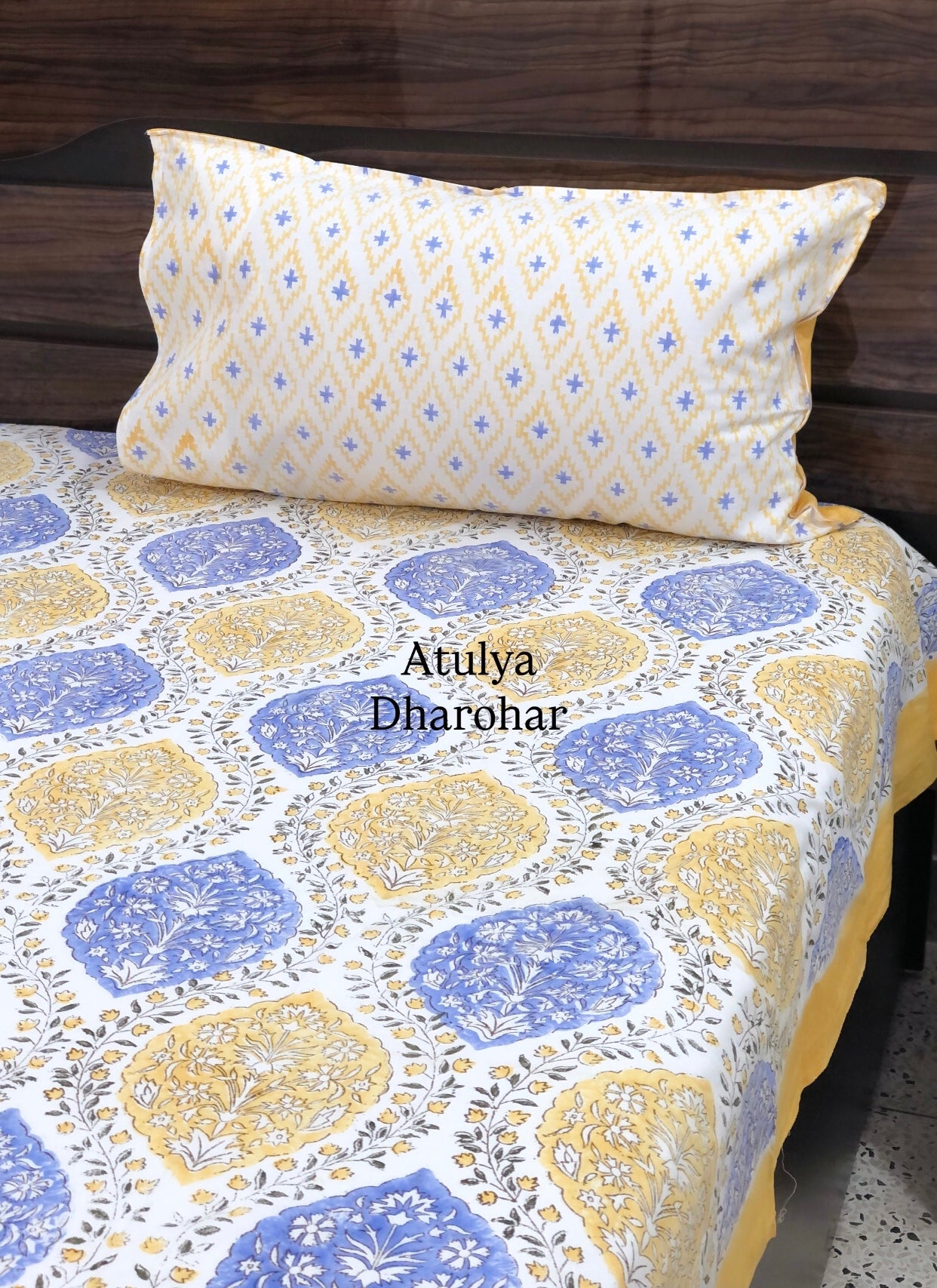 Yellow and Blue Mughal Jaal Cotton Hand Block Super King Bedsheet