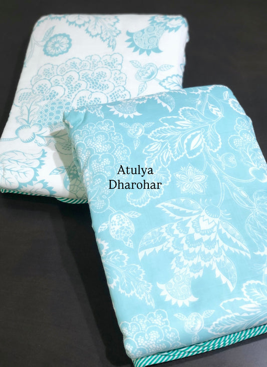 Turquoise Floral Mulmul Single Bed Dohar Pair