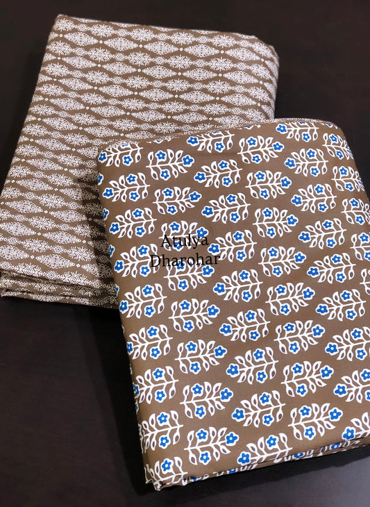 Brown and Blue Floral Motifs Cambric Cotton Single Dohar Pair