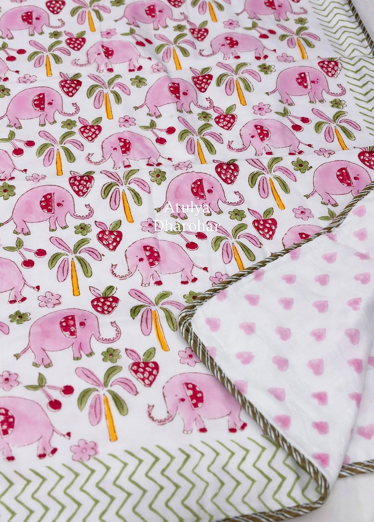 Pink Elephant Hand Block Printed Mulmul Baby Dohar