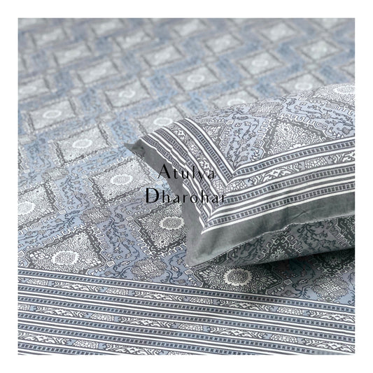 Blue and Grey Mughal Motifs Bedsheet