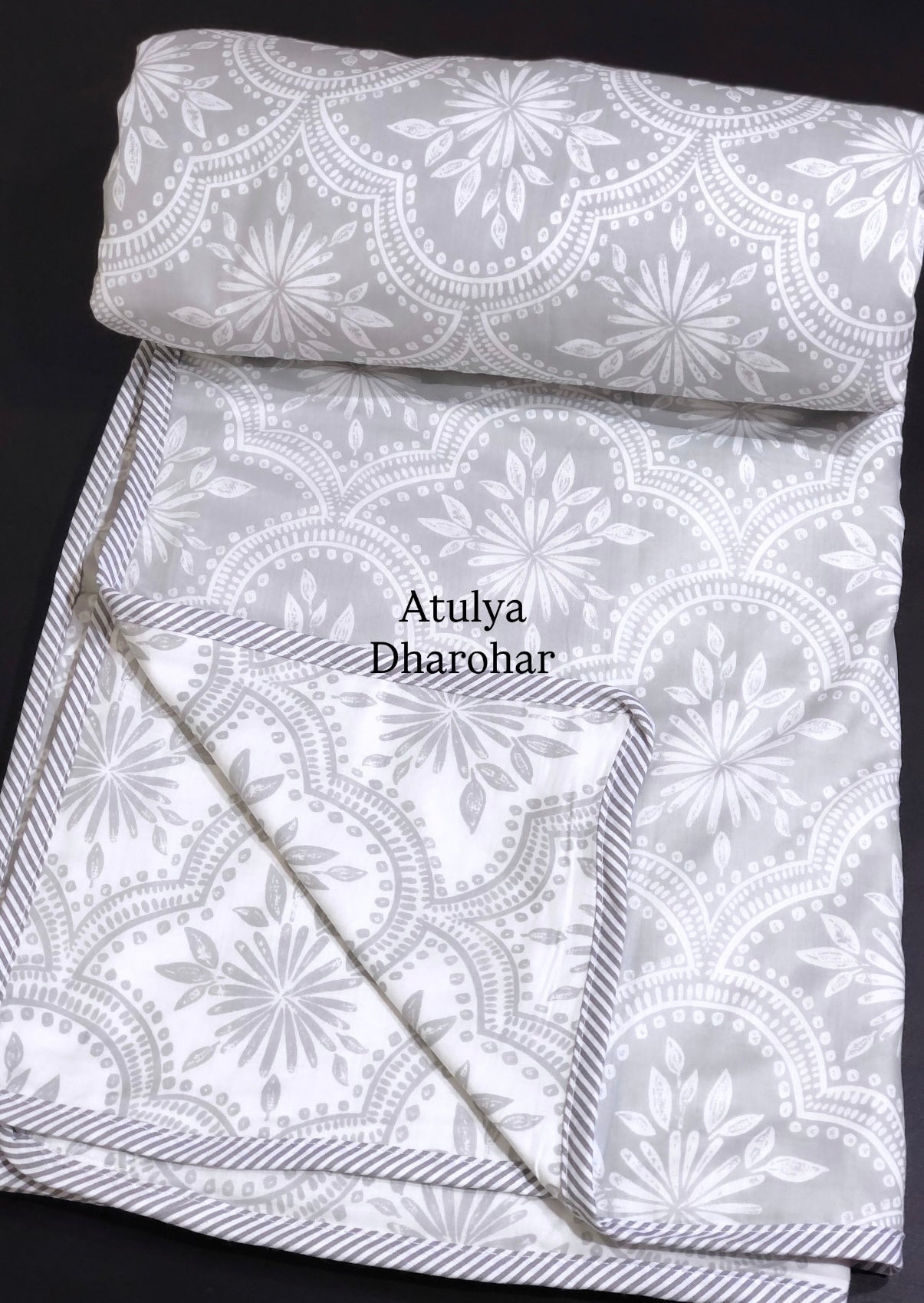 Grey Mughal Jaal Mulmul Double Bed Dohar