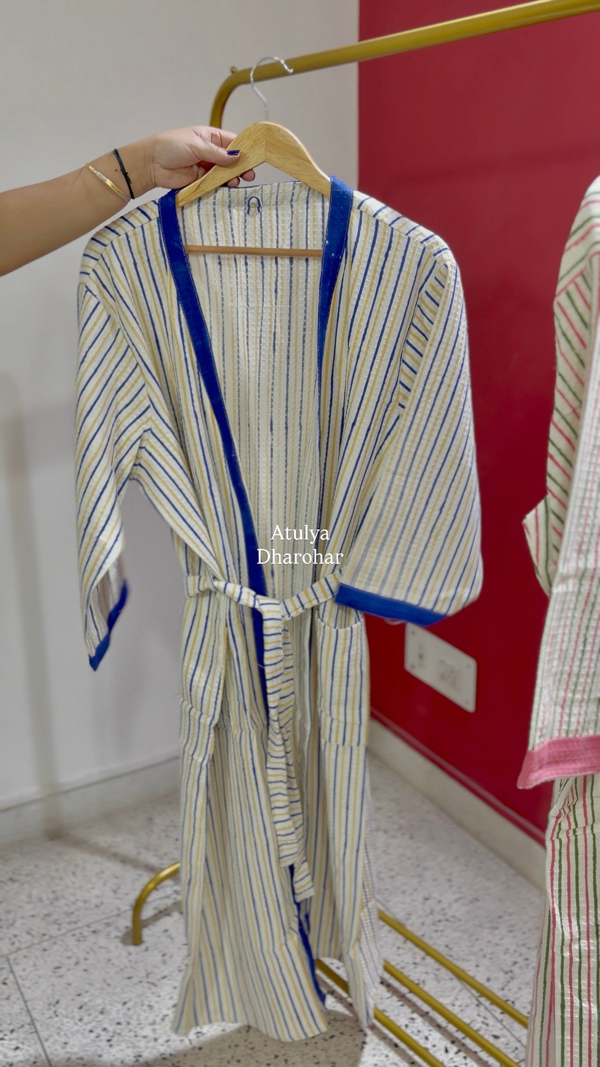 Blue and Yellow Strips Hand Block Printed Waffle Cotton Bathrobe