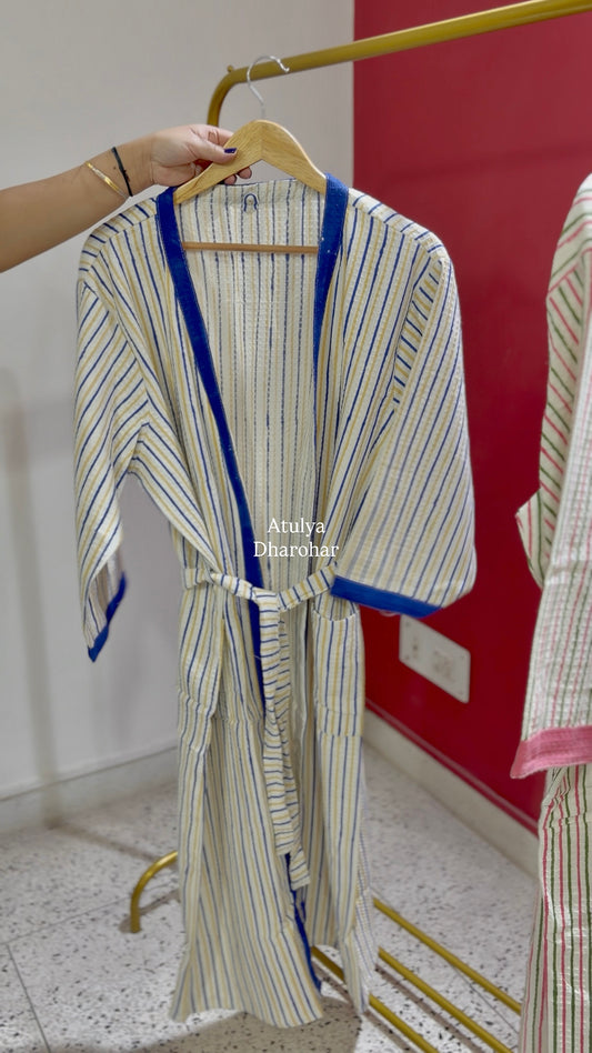 Blue and Yellow Strips Hand Block Printed Waffle Cotton Bathrobe